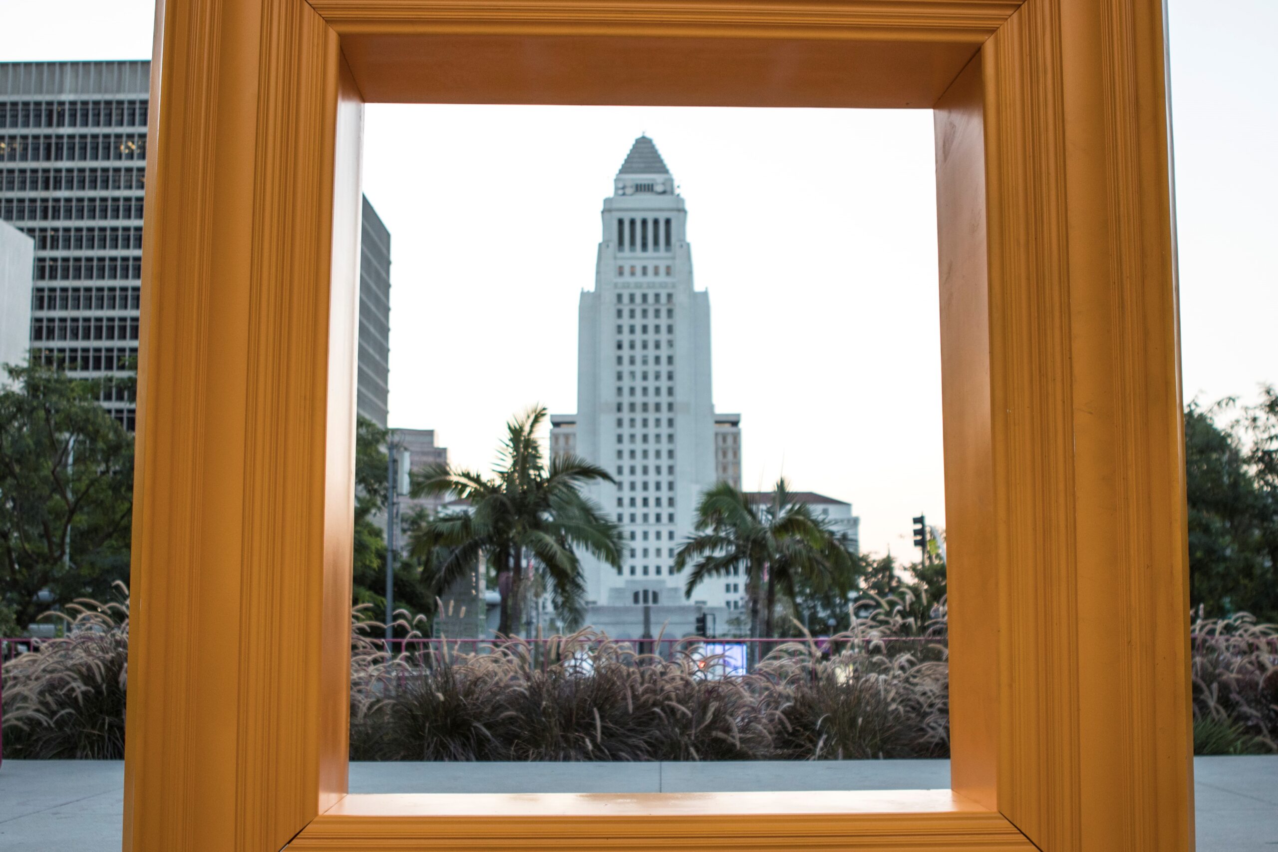 LA City Hall through a wooden frame