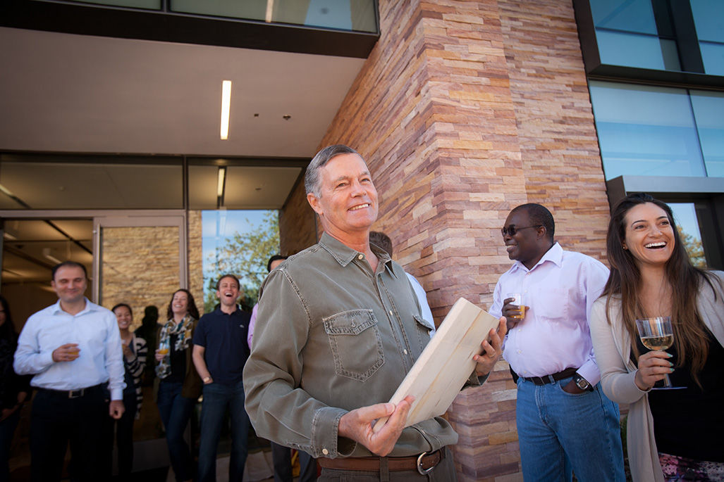 Hilton Foundation Chairman Steven M. Hilton receiving a commemorative plaque from staff on the first day in our Agoura Hills offices